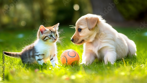Puppy playing with a kitten on the lawn of dandelions. AI Generated