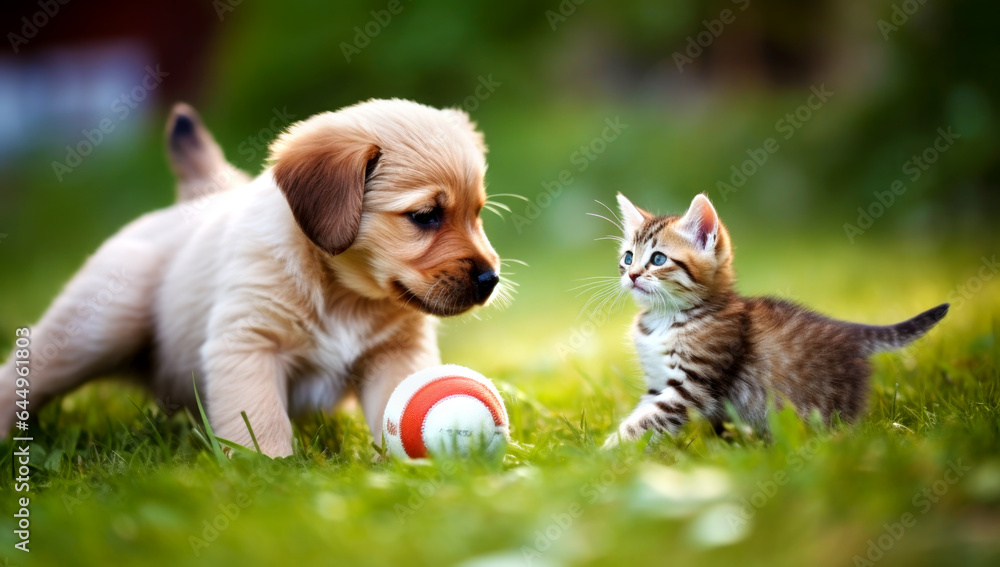 Puppy playing with a kitten on the lawn of dandelions. AI Generated