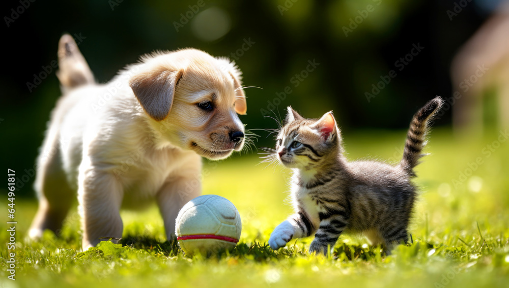 Obraz premium Puppy playing with a kitten on the lawn of dandelions. AI Generated