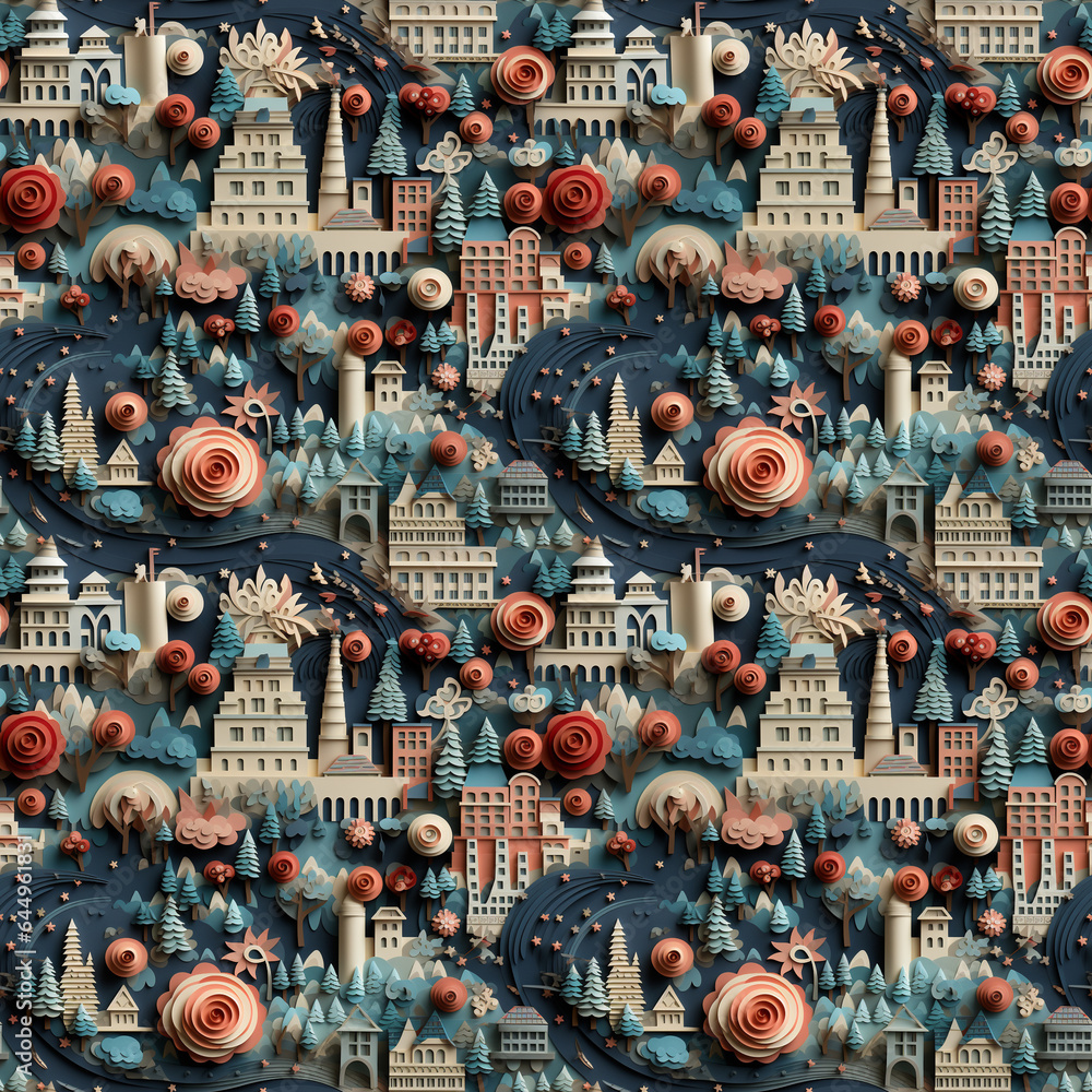 Fototapeta premium seamless pattern of 3d papercraft city with a lot of flowers and architecture made in red, white and blue colors