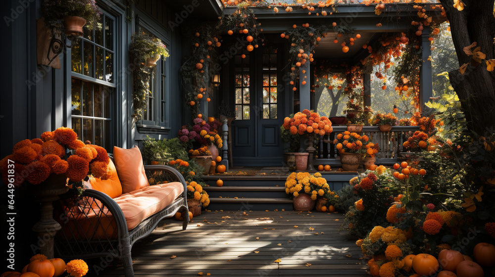 front porch of a traditional house decorated to autumn season and Thanksgiving or Halloween - obrazy, fototapety, plakaty 