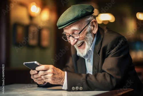 elderly happy man with smartphone. old people's day