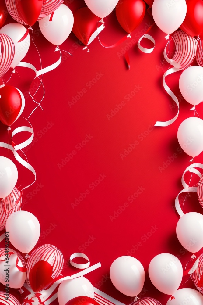 Red and white balloons confetti concept design happy independence day background made with Generative AI