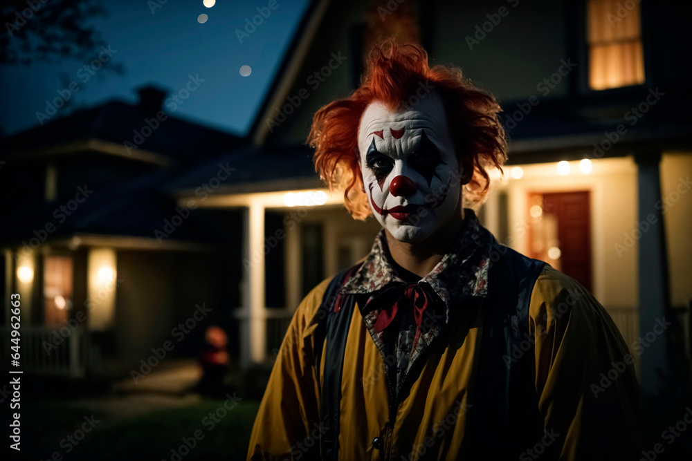 Creepy Helloween horror clown standing in front of the house with night lights and waiting Creepy Helloween horror clown standing in front of the house with night lights and waiting