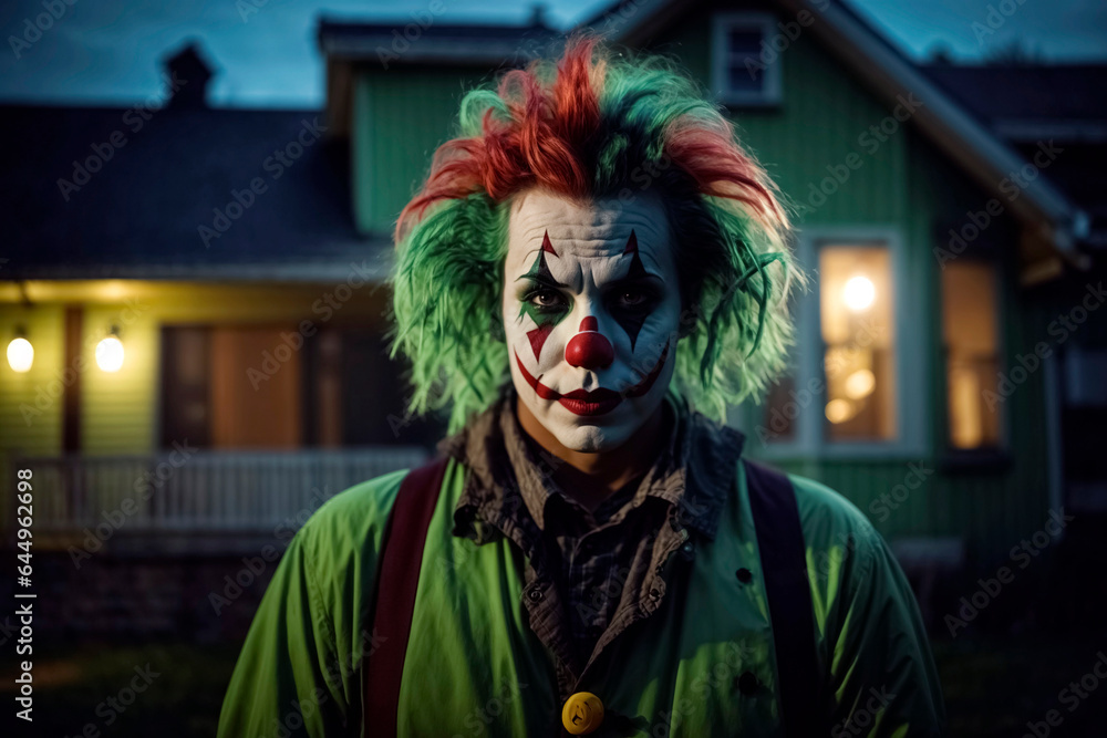 Creepy Helloween horror clown standing in front of the house with night lights and waiting Creepy Helloween horror clown standing in front of the house with night lights and waiting