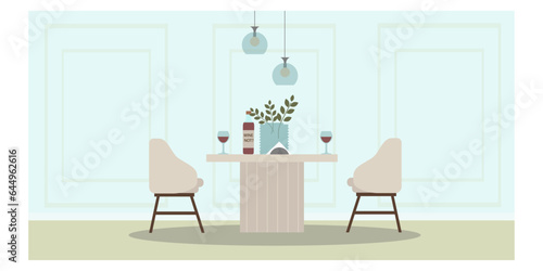 modern cafe interior no people. table for date with wine and two glasses. Two cozy armchairs, table and wine glasses. flat style. Home interior concept. Vector illustration