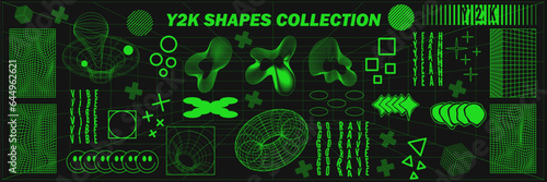 Abstract geometry wireframe shapes and patterns, cyberpunk elements, signs and perspective grids. Surreal geometric retro signs. Rave psychedelic futuristic Y2k acid aesthetic set. Vector illustration