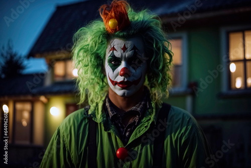 Creepy Helloween horror clown standing in front of the house with night lights and waiting