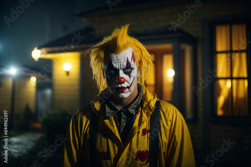 Creepy Helloween horror clown standing in front of the house with night lights and waiting © Melipo-Art