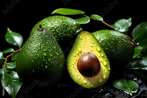 Fresh Avocado sliced over vintage wooden background close up. Ripe green avocado fruit on wood board. Made with AI gereration