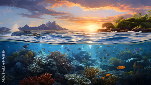 Sunset With Mountains and Half Underwater With Coral Reef