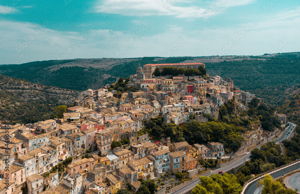 Aerial view of the old baroque town of Ragusa Ibla, Sicily, Italy. Ancient city.