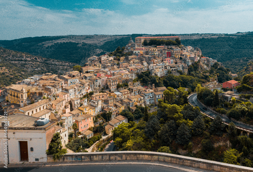 Aerial view of the old baroque town of Ragusa Ibla, Sicily, Italy. Ancient city.