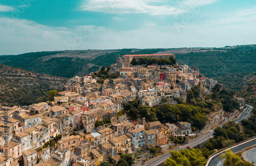 Aerial view of the old baroque town of Ragusa Ibla, Sicily, Italy. Ancient city.