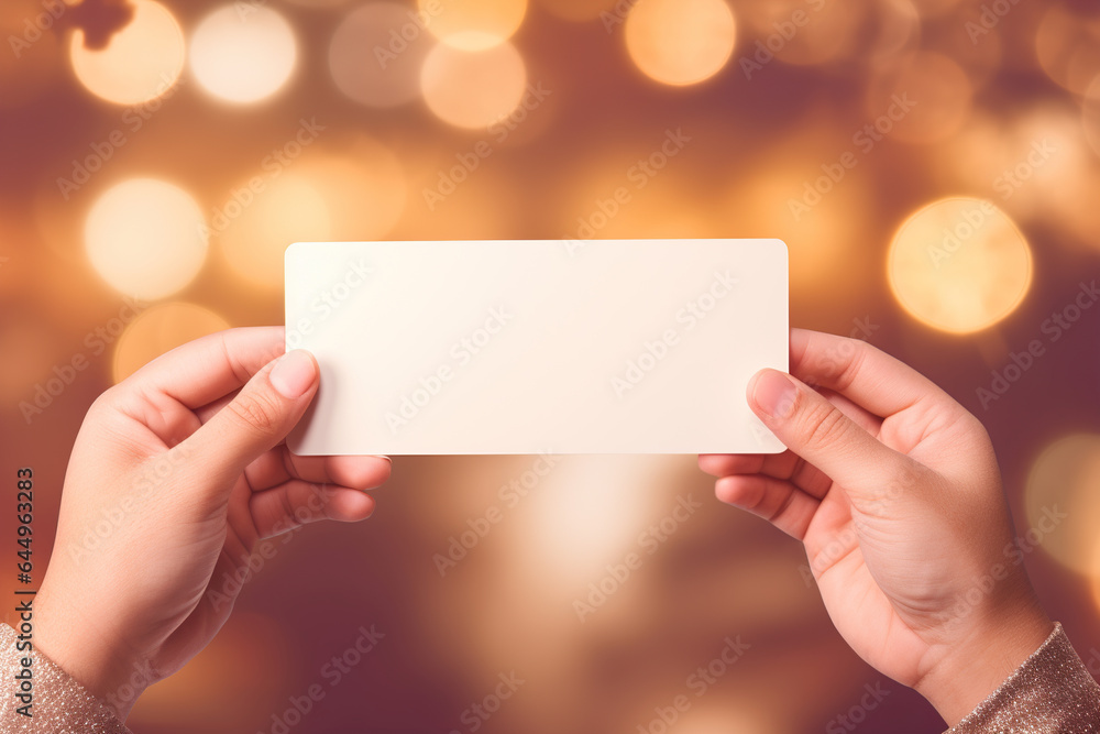 Hands holding blank paper, festive atmosphere. Copy space for your text, message. Christmas background with empty space. Merry Xmas. Hands holding blank paper, festive atmosphere. Copy space for your text, message. Christmas background with empty space. Merry Xmas.