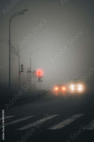 Foggy road with cars and traffic lights on a foggy day