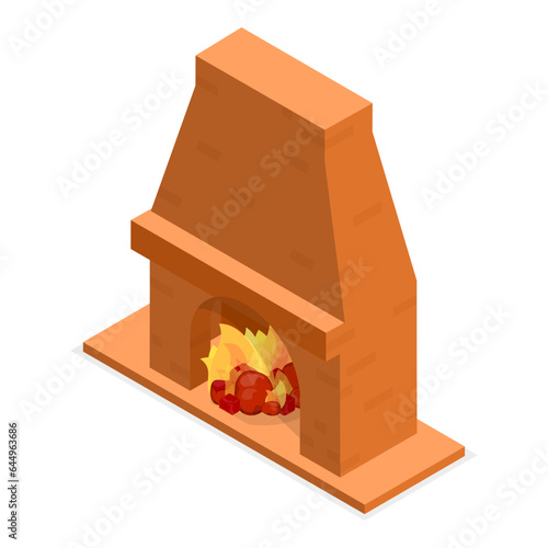 3D Isometric Flat Vector Set of Fireplaces, Firewood Heat Systems. Item 2