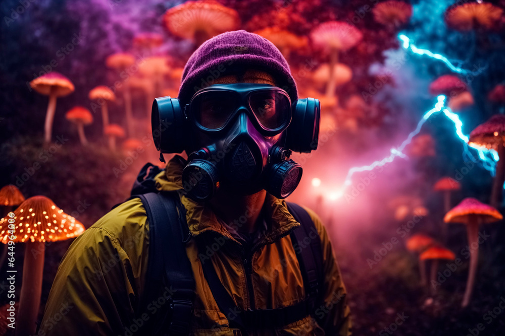 Man with gas mask in surreal world full of neon colored mushrooms Man with gas mask in surreal world full of neon colored mushrooms