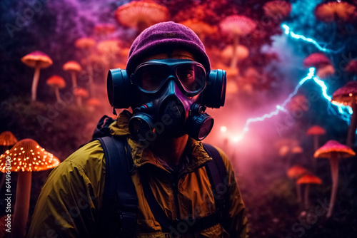 Man with gas mask in surreal world full of neon colored mushrooms