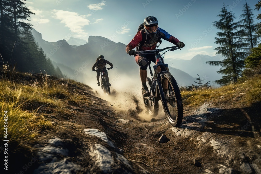 Mountain biking adventure in rugged terrain. Conquer challenging trails with a mountain bike amidst breathtaking mountain landscapes. 'generative AI'	