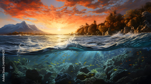 Sunset With Mountains and Half Underwater With Coral Reef © Blake
