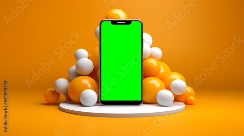 Smartphone with green screen on a podium.