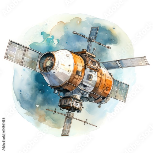 watercolor satellite in outer space on white background