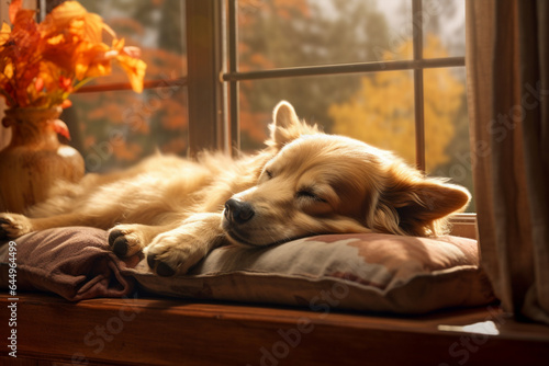 Dreaming dog sleeps on cozy warm windowsill in autumn weather, generative Ai