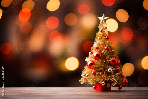 decorated christmas tree on wooden table and blurred background. Copy space
