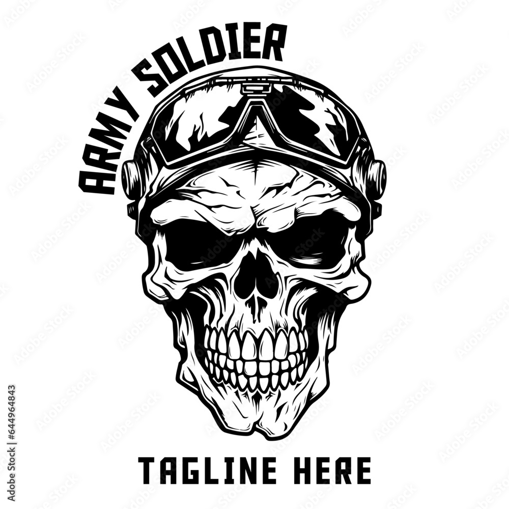 Fototapeta premium Military Skull and Soldier Helmet Design Element: Use it for Logo, Label, Emblem, Sign, Brand Mark, Poster, T-shirt Print, and Embrace the USA Army Theme - PNG, Transparent Background