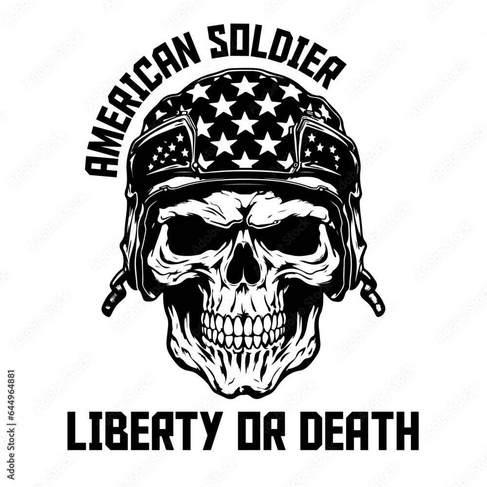 Monochrome Military Skull in a Soldier's Helmet: A USA Army Vector Illustration for Logo, Label, Emblem, Sign, Brand Mark, Poster, and T-shirt Print. - PNG, Transparent Background