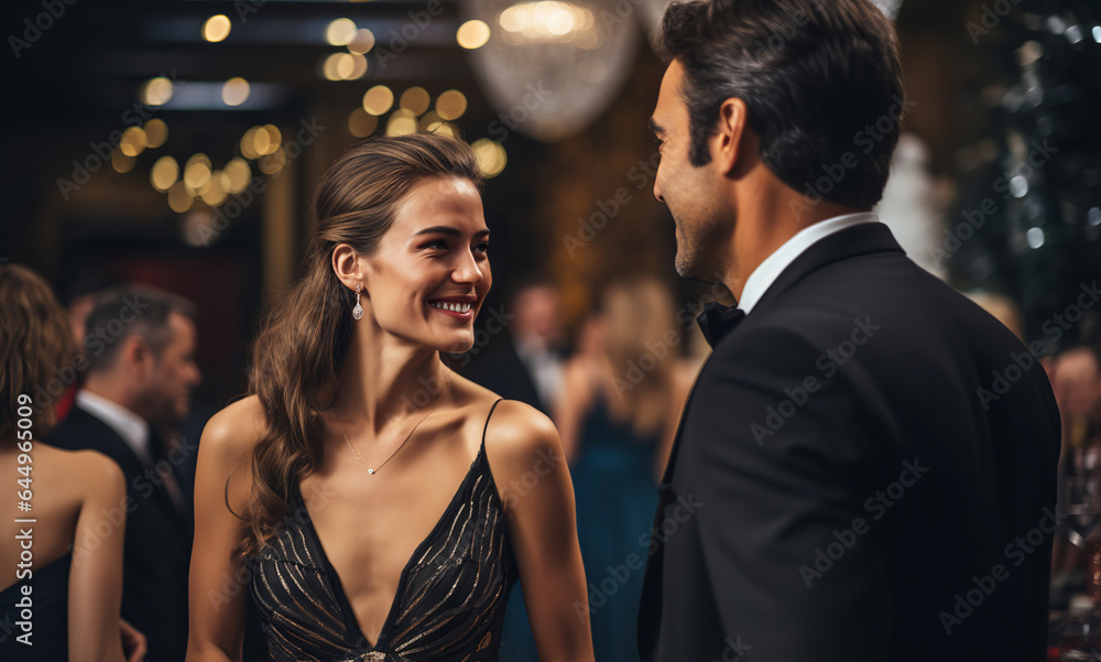 Man and woman at an upscale charity gala engage Man and woman at an upscale charity gala engage