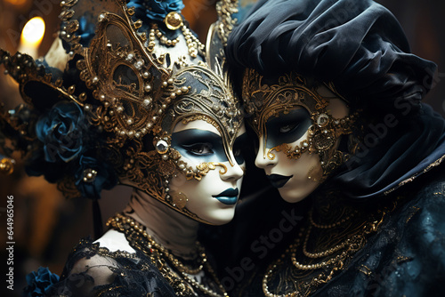 Man and woman in elaborate Venetian masks dancing
