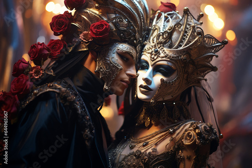 Man and woman in elaborate Venetian masks dancing