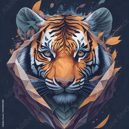 Digital Illustration face of tiger  3D vector art  fantasy art  digital painting  low-poly art.