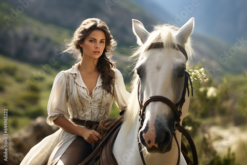 Woman rides a horse elegantly through mountains and off-road terrain