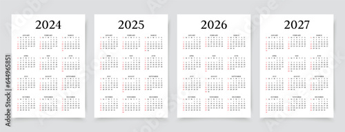 2024, 2025, 2026, 2027 years calendar. Simple calender layout. Week starts Sunday. Desk planner template with 12 month. Pocket or wall calendar. Yearly diary. Organizer in English. Vector illustration