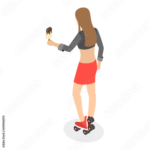 3D Isometric Flat Vector Set of Roller Skating Girls, Summer Rest and Entertainment. Item 3