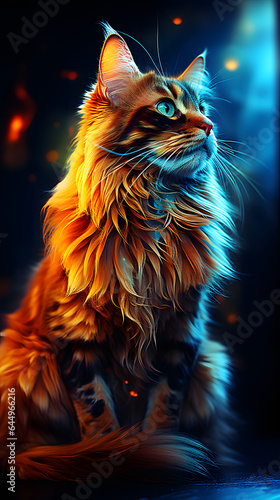beautiful long-haired cat of yellowish color, sitting, posing, pride in the picture