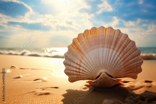 Beautiful seashell on the sunset beach . Ocean ingredients 