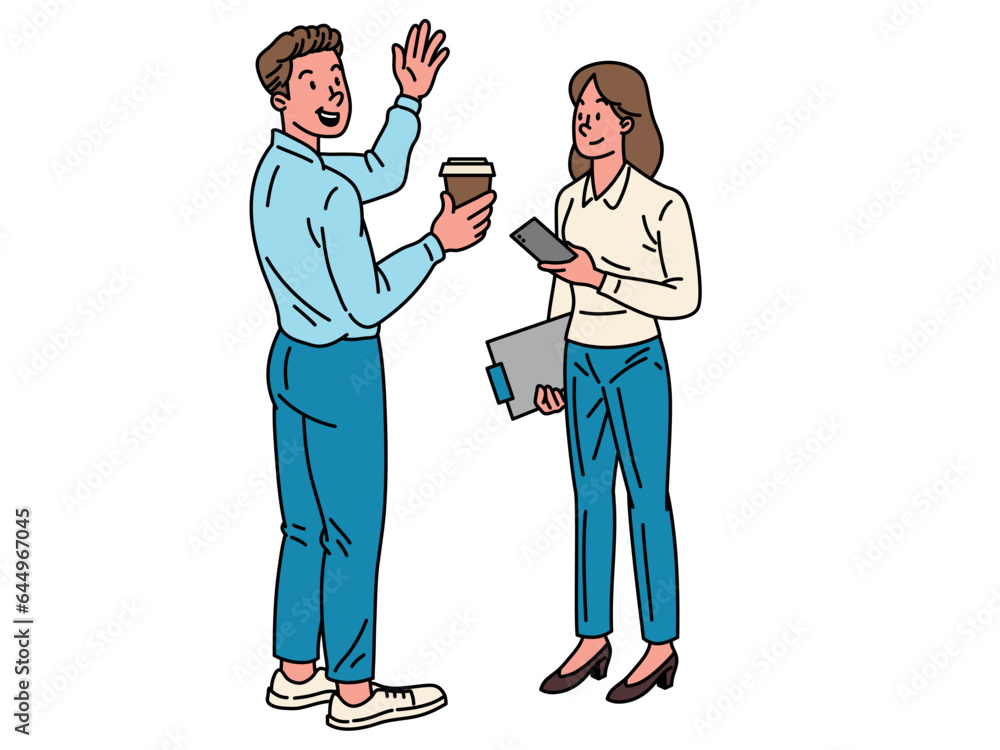 Company colleagues holding coffee and talking, man and woman. Vector clipart. Business people Company colleagues holding coffee and talking, man and woman. Vector clipart. Business people
