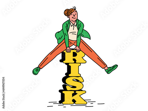 Woman Jumping Over Risk Lettering. Vector clipart. Business people, success business. 
