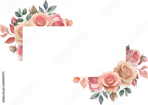 floral frame with watercolor rose bouquet, wedding frame with flower bouquet