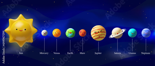 3d render solar system with text for kids. Realistic Sun, Earth, Mercury, Venus, Mars, Jupiter, Saturn, Uranus, Neptune. Vector illustration about near outer space. Astronomy science in plastic style