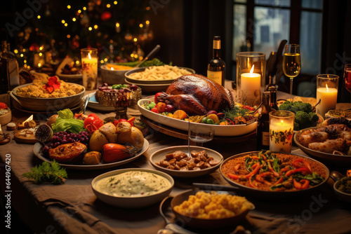 Christmas Dinner table full of dishes