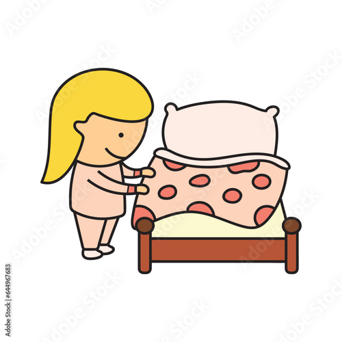 Kids drawing Cartoon Vector illustration cute girl making a bed icon Isolated on White Background
