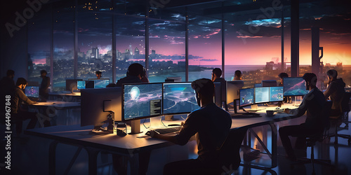 Team of Diverse Software Developers or Engineers Working Computer at Night in Dark Office