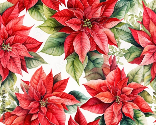 Watercolor poinsettia flower pattern. Christmas pattern background. Generative AI