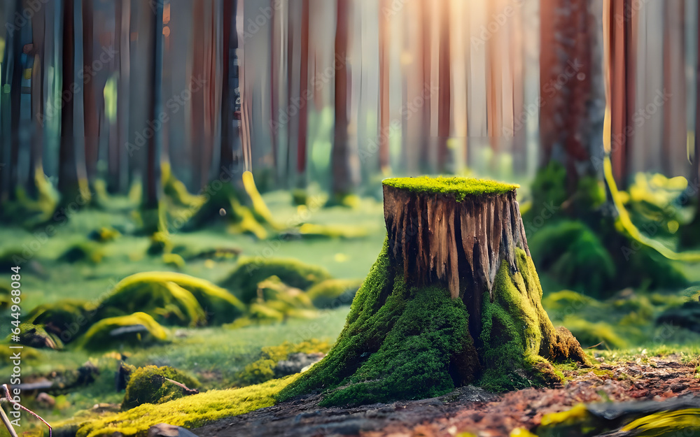 wooden stump cut saw in the forest with green moss and ferns. concept scene stage showcase for new product, product display, promotion sale, banner, presentation, cosmetic, copy space.