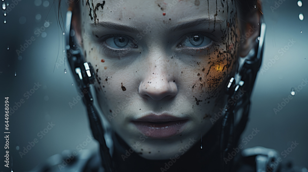 Close up of futuristic, robotic humanoid. Human face with mechanical body sci-fi cyberpunk dystopia.